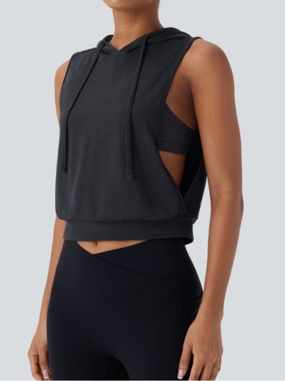 Halara Hooded Drawstring Sleeveless Cropped Running Tank Top Mottled Hemp Black
